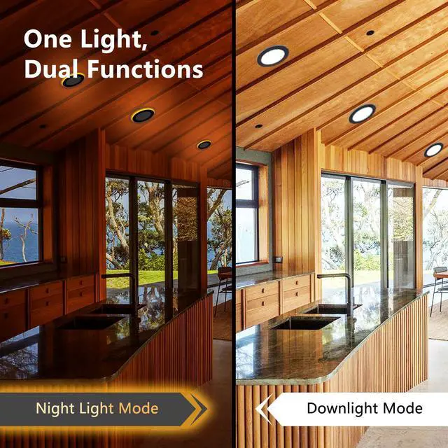 Alt view image 2 of 7 - Black 6 Inch Recessed Light with Night Light, 6 Pack, Sync & Reset Dimmable & 5 Color Selectable, Canless, Ultra Thin, Wafer Downlight, Indoor Outdoor Exterior Soffit, 12W, ETL Listed