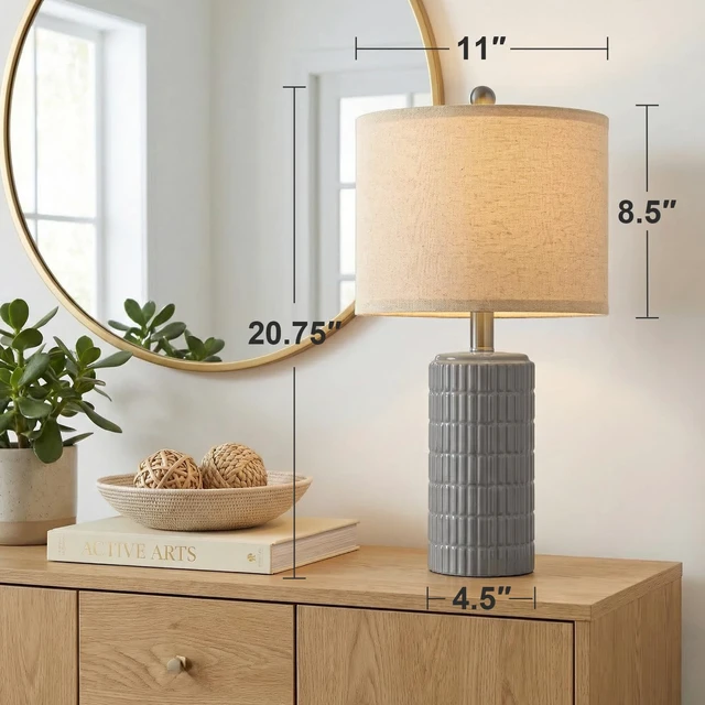 Alt view image 7 of 7 - 20.75'' Ceramic Small Table Lamps for Bedroom, Modern Dark Gray Bedside Lamps Set of 2, Farmhouse Lamps for Living Room with Linen Lampshade for Night Stands Guest Room Side End Table Console