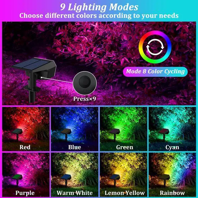 Alt view image 2 of 7 - 8-Pack Solar Spot Lights Outdoor Waterproof,Landscape Spotlight Multicolor 59 LED, 8 Colors & 9 Modes, IP65 Waterproof, Solar Powered Outdoor Lights for Yard Garden