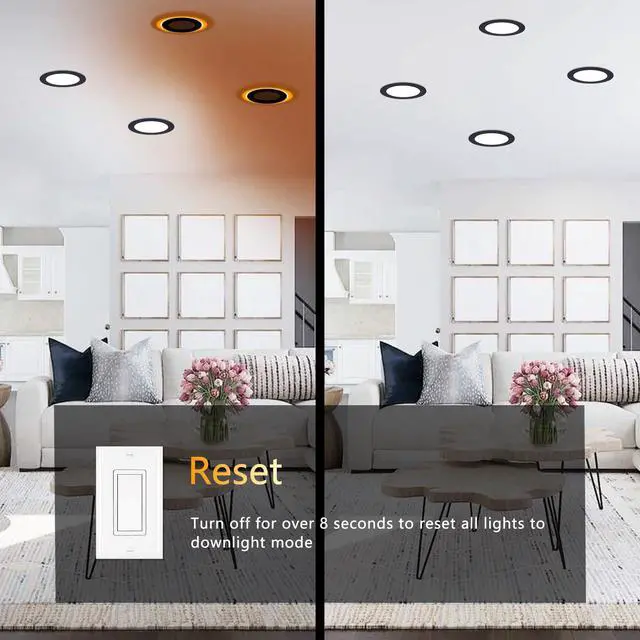 Alt view image 4 of 7 - Black 6 Inch Recessed Light with Night Light, 6 Pack, Sync & Reset Dimmable & 5 Color Selectable, Canless, Ultra Thin, Wafer Downlight, Indoor Outdoor Exterior Soffit, 12W, ETL Listed