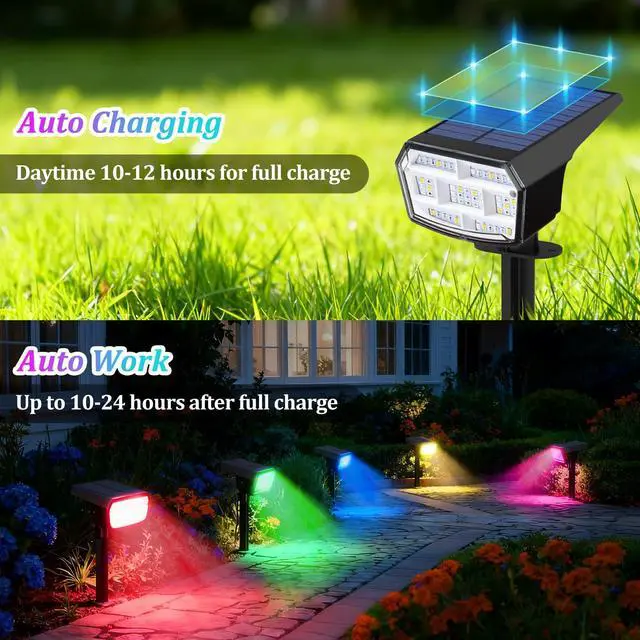 Alt view image 5 of 7 - 8-Pack Solar Spot Lights Outdoor Waterproof,Landscape Spotlight Multicolor 59 LED, 8 Colors & 9 Modes, IP65 Waterproof, Solar Powered Outdoor Lights for Yard Garden