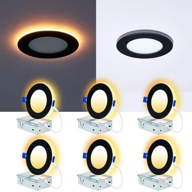 Main image of 6 Pack 4 Inch Black Recessed Lights with Night Light, Sync & Reset Canless, Ultra Thin, Wafer Downlight, Dimmable & 5 CCT Selectable, Outdoor, Exterior Soffit, 9W, ETL, IC rated, Energy Star