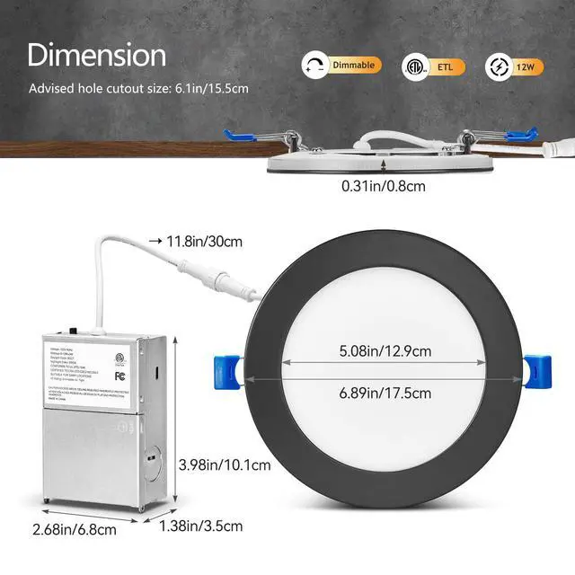 Alt view image 7 of 7 - Black 6 Inch Recessed Light with Night Light, 6 Pack, Sync & Reset Dimmable & 5 Color Selectable, Canless, Ultra Thin, Wafer Downlight, Indoor Outdoor Exterior Soffit, 12W, ETL Listed