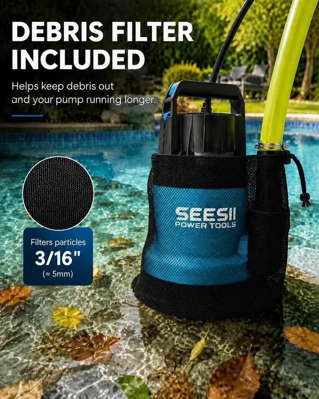 Alt view image 4 of 7 - 1HP Submersible Water Pump, 4755 GPH High Flow w/ 23ft Hose Anti-Clogging Filter Bag, Sump Pump for Swimming Pool, Hot Tub, Pond, Flooded Basement, Rooftop, Garden Water Removal
