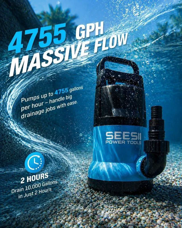 Alt view image 2 of 7 - 1HP Submersible Water Pump, 4755 GPH High Flow w/ 23ft Hose Anti-Clogging Filter Bag, Sump Pump for Swimming Pool, Hot Tub, Pond, Flooded Basement, Rooftop, Garden Water Removal