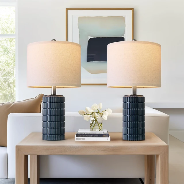Alt view image 3 of 7 - 20.75" Small Blue Table Lamps, Farmhouse Bedside Lamps for Bedroom Set of 2, Ceramic End Table Lamps for Night Stands Living Room, Modern Nightstand Desk Lamps, Dark Blue