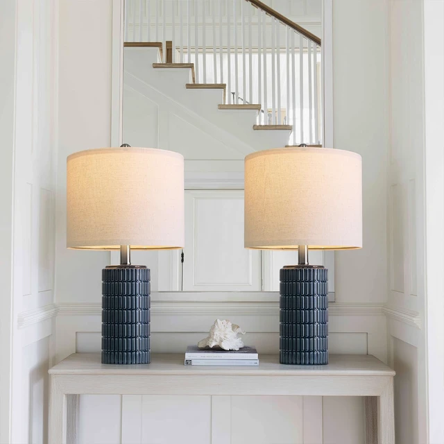 Alt view image 5 of 7 - 20.75" Small Blue Table Lamps, Farmhouse Bedside Lamps for Bedroom Set of 2, Ceramic End Table Lamps for Night Stands Living Room, Modern Nightstand Desk Lamps, Dark Blue