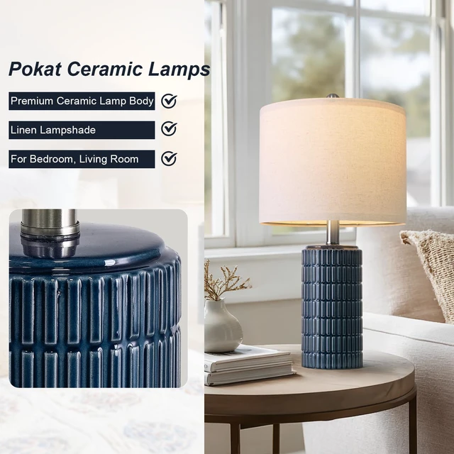 Alt view image 6 of 7 - 20.75" Small Blue Table Lamps, Farmhouse Bedside Lamps for Bedroom Set of 2, Ceramic End Table Lamps for Night Stands Living Room, Modern Nightstand Desk Lamps, Dark Blue