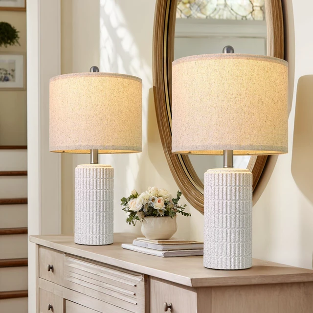 Main image of 20.75" Stone-Like Farmhouse Ceramic Table Lamps Set of 2 for Bedroom, White Bedside Lamps for Night Stands, Matte-Textured Decor Nightstand Table Lamps for Living Room End Table White
