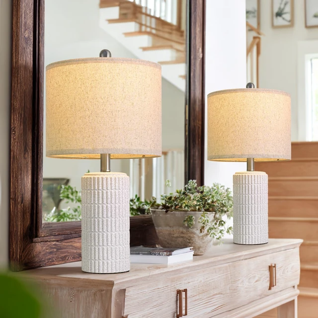 Alt view image 2 of 6 - 20.75" Stone-Like Farmhouse Ceramic Table Lamps Set of 2 for Bedroom, White Bedside Lamps for Night Stands, Matte-Textured Decor Nightstand Table Lamps for Living Room End Table White