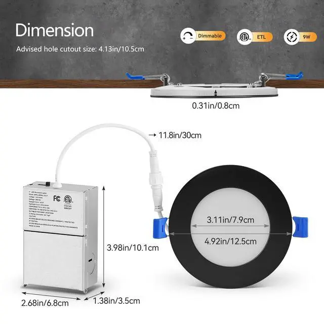 Alt view image 7 of 7 - 6 Pack 4 Inch Black Recessed Lights with Night Light, Sync & Reset Canless, Ultra Thin, Wafer Downlight, Dimmable & 5 CCT Selectable, Outdoor, Exterior Soffit, 9W, ETL, IC rated, Energy Star