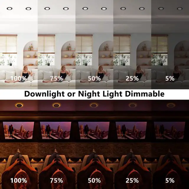 Alt view image 6 of 7 - 6 Pack 4 Inch Black Recessed Lights with Night Light, Sync & Reset Canless, Ultra Thin, Wafer Downlight, Dimmable & 5 CCT Selectable, Outdoor, Exterior Soffit, 9W, ETL, IC rated, Energy Star