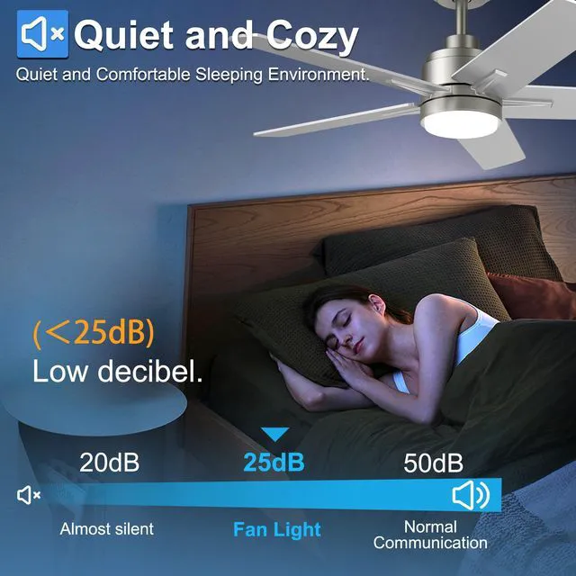 Alt view image 3 of 7 - 42 Inch Brushed Nickel Ceiling Fan with Light and Remote Control 6-Speed Quiet Reversible DC Motor, Dimmable 3CCT LED, 3 Timer Settings, 5-Blade Modern Design, Indoor or Covered Outdoor Use
