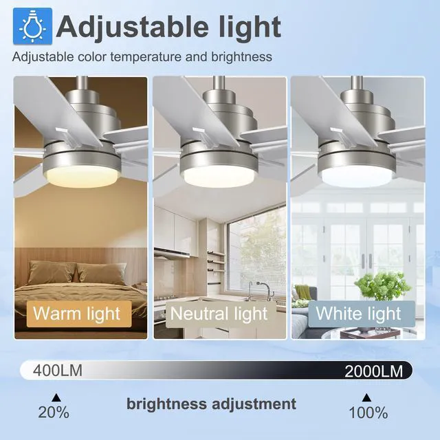 Alt view image 4 of 7 - 42 Inch Brushed Nickel Ceiling Fan with Light and Remote Control 6-Speed Quiet Reversible DC Motor, Dimmable 3CCT LED, 3 Timer Settings, 5-Blade Modern Design, Indoor or Covered Outdoor Use