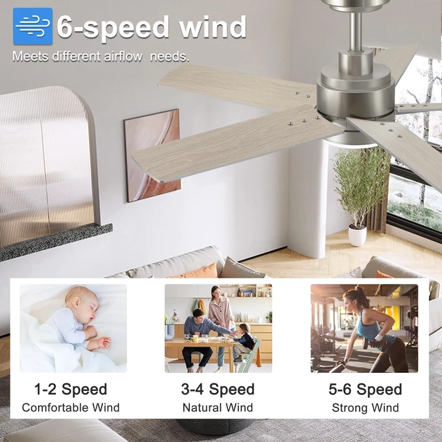Alt view image 5 of 7 - 42 Inch Brushed Nickel Ceiling Fan with Light and Remote Control 6-Speed Quiet Reversible DC Motor, Dimmable 3CCT LED, 3 Timer Settings, 5-Blade Modern Design, Indoor or Covered Outdoor Use