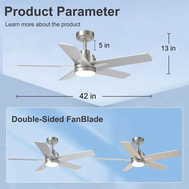 Alt view image 7 of 7 - 42 Inch Brushed Nickel Ceiling Fan with Light and Remote Control 6-Speed Quiet Reversible DC Motor, Dimmable 3CCT LED, 3 Timer Settings, 5-Blade Modern Design, Indoor or Covered Outdoor Use