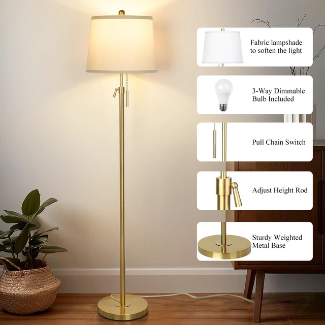 Alt view image 4 of 7 - Gold Floor Lamp for Living Room, Tall Standing Lamp 55-65" Adjustable Modern Brass Floor Lamps for Bedroom Reading Office Kids 3 Color Lights Corner Night Stand (9W LED Bulb, White Shade)