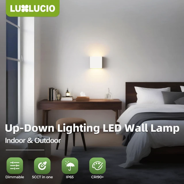 Alt view image 2 of 7 - 2 Pack Indoor Outdoor White Up and Down LED Wall Light, Modern Bedroom/Porch Wall Lamp, IP65 Waterproof, 5%-100% Dimmable 18W 1620lm, 5CCT (2700K-5000K), CRI90+, 120V-277V