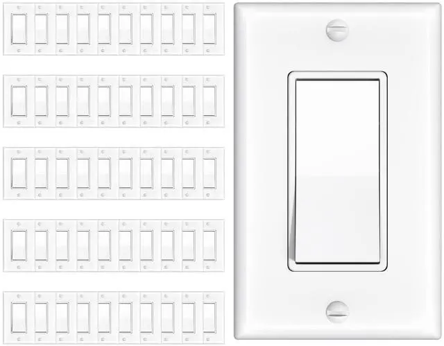 Main image of Single Pole Light Switches with Wall Plates UL Listed 120/277V On/Off Rocker Paddle Interrupter, Grounding Screw, Residential Grade, for Home and Business, White
