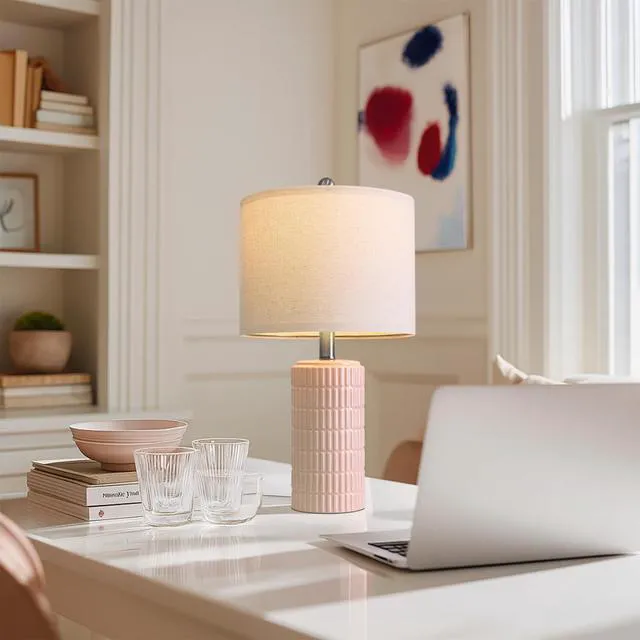 Alt view image 4 of 7 - 20.75" Pink Ceramic Table Lamps Set of 2, Small Modern Bedroom Lamps for Girls Room, Bedside Lamps for Night Stands, Cute Lamps for Living Room Decor, Nightstands Desk Lamp, Light Pink
