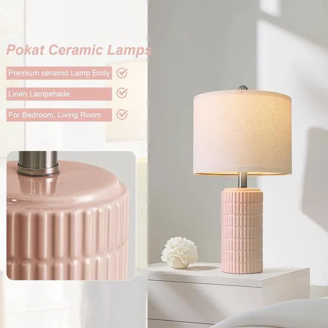 Alt view image 6 of 7 - 20.75" Pink Ceramic Table Lamps Set of 2, Small Modern Bedroom Lamps for Girls Room, Bedside Lamps for Night Stands, Cute Lamps for Living Room Decor, Nightstands Desk Lamp, Light Pink