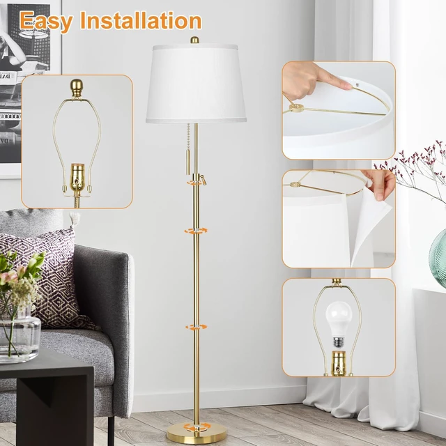 Alt view image 5 of 7 - Gold Floor Lamp for Living Room, Tall Standing Lamp 55-65" Adjustable Modern Brass Floor Lamps for Bedroom Reading Office Kids 3 Color Lights Corner Night Stand (9W LED Bulb, White Shade)