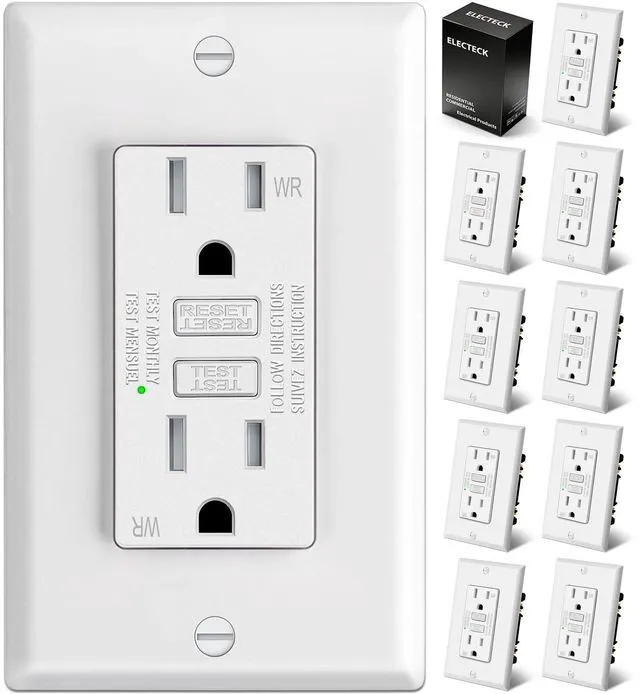 Main image of 10 Pack TR GFCI Outlets 15 Amp, Outdoor GFI, ETL Listed, White Slim Design, 15A GFI, Weather Resistant with LED Indicator, Ground Fault Circuit Interrupter, Wallplate Included