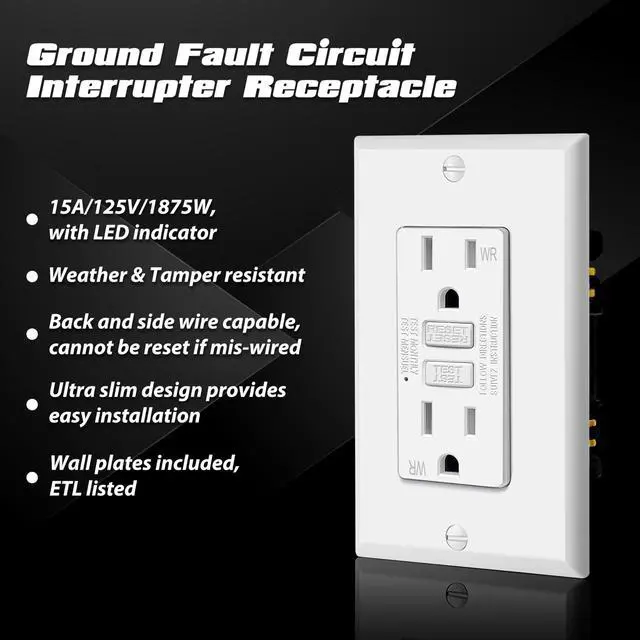 Alt view image 2 of 7 - 10 Pack TR GFCI Outlets 15 Amp, Outdoor GFI, ETL Listed, White Slim Design, 15A GFI, Weather Resistant with LED Indicator, Ground Fault Circuit Interrupter, Wallplate Included
