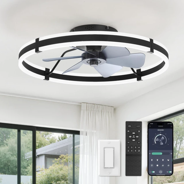 Main image of 24 Inch Ceiling Fans with Lights and Remote, Modern Low Profile Ceiling Fan, 3000-6000K Dimmable Flush Mount LED Fan Light, 6 Wind Speeds, Fandelier Ceiling Fans for Bedroom- Black
