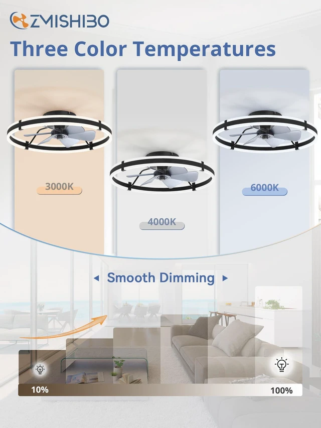Alt view image 2 of 7 - 24 Inch Ceiling Fans with Lights and Remote, Modern Low Profile Ceiling Fan, 3000-6000K Dimmable Flush Mount LED Fan Light, 6 Wind Speeds, Fandelier Ceiling Fans for Bedroom- Black
