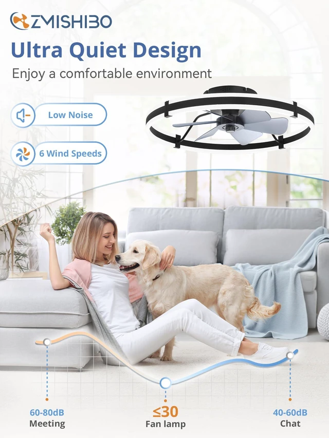 Alt view image 4 of 7 - 24 Inch Ceiling Fans with Lights and Remote, Modern Low Profile Ceiling Fan, 3000-6000K Dimmable Flush Mount LED Fan Light, 6 Wind Speeds, Fandelier Ceiling Fans for Bedroom- Black
