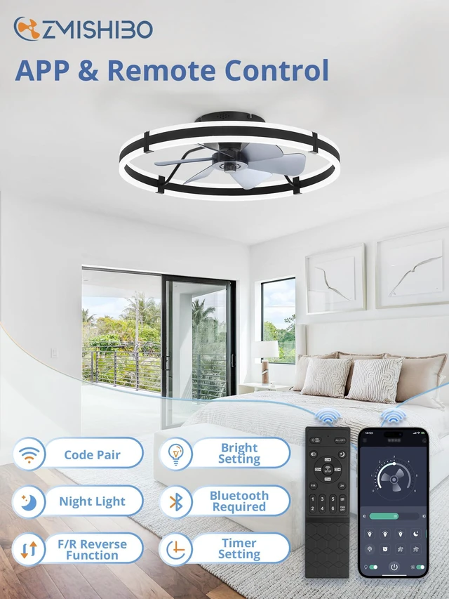 Alt view image 5 of 7 - 24 Inch Ceiling Fans with Lights and Remote, Modern Low Profile Ceiling Fan, 3000-6000K Dimmable Flush Mount LED Fan Light, 6 Wind Speeds, Fandelier Ceiling Fans for Bedroom- Black
