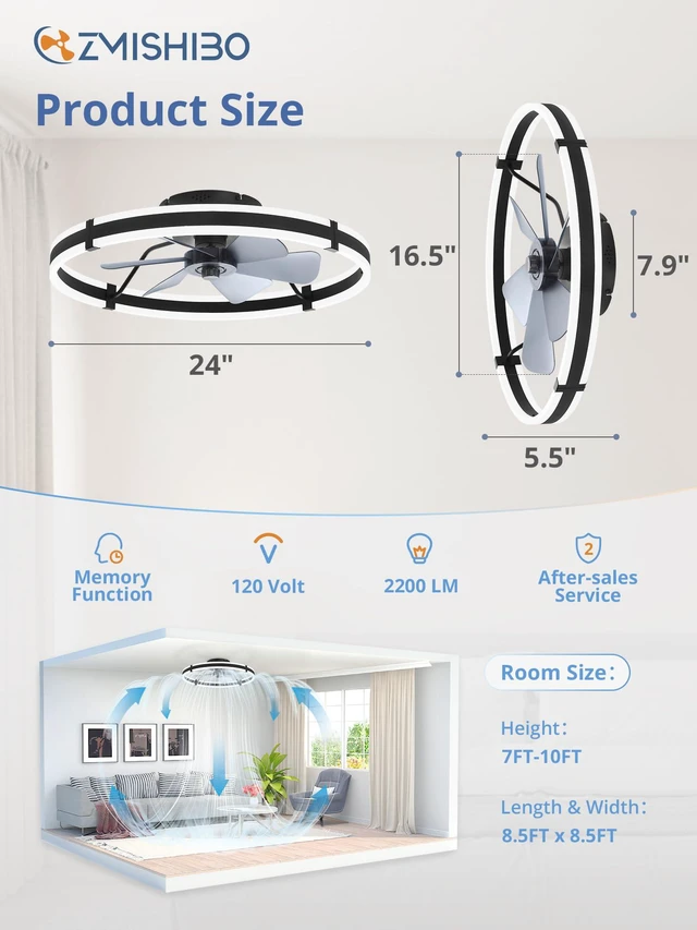 Alt view image 6 of 7 - 24 Inch Ceiling Fans with Lights and Remote, Modern Low Profile Ceiling Fan, 3000-6000K Dimmable Flush Mount LED Fan Light, 6 Wind Speeds, Fandelier Ceiling Fans for Bedroom- Black