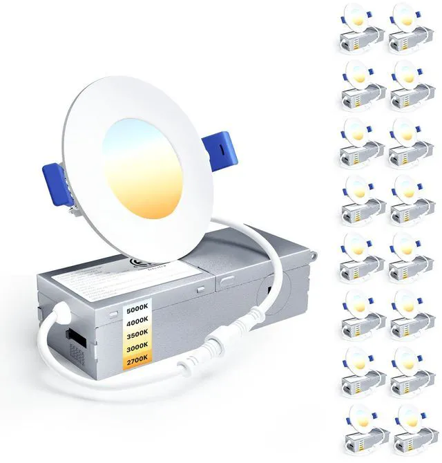 Main image of 16 Pack 3 Inch LED Recessed Ceiling Light, Dimmable, 2700K-5000K 5CCT, 500LM 6W 120V, High Brightness Canless Wafer Downlight - ETL&FCC&IC