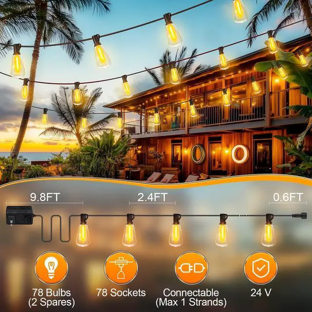 Alt view image 7 of 7 - Outdoor String Led Patio Lights - 200Ft 60M Outside Waterproof Light with Remote Dimmable ST38 Shatterproof Bulb Hanging Outdoor Electric Lighting for Backyard Yard Gazebo Porch Party