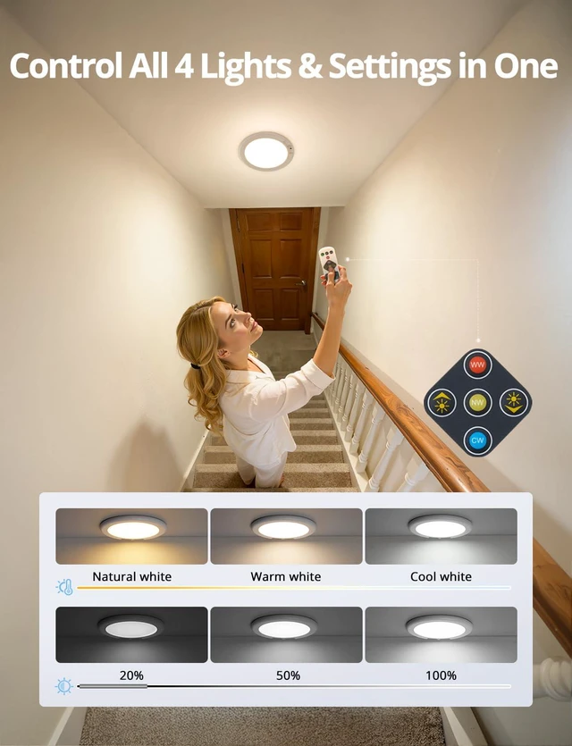 Alt view image 7 of 7 - Rechargeable Ceiling Light with Remote Wireless Magnetic Mounting 4 Pack Battery Operated Lights No Wiring, Renter Friendly Ceiling Lamp Stick on Closet Hallway, Lampara de Techo Recargable