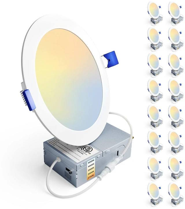 Main image of 16 Pack 6 Inch LED Recessed Ceiling Light, 5CCT, 1200LM 12W 120V 2700K-5000K Selectable, 5%-100% Dimmable, Ultra-Thin Canless Wafer Downlight, Aluminum, Damp Rated, ETL&FCC&IC