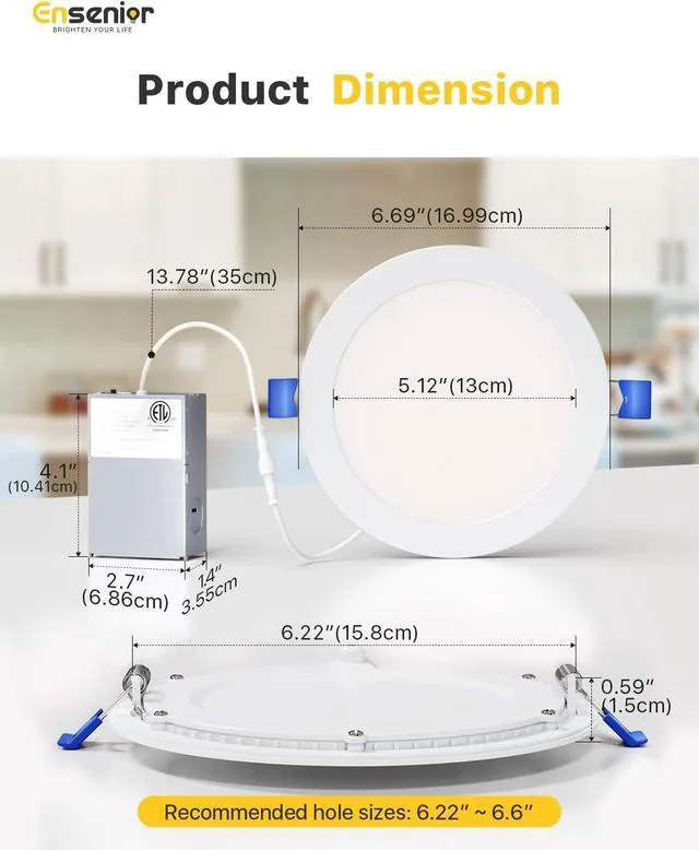 Alt view image 7 of 7 - 16 Pack 6 Inch LED Recessed Ceiling Light, 5CCT, 1200LM 12W 120V 2700K-5000K Selectable, 5%-100% Dimmable, Ultra-Thin Canless Wafer Downlight, Aluminum, Damp Rated, ETL&FCC&IC
