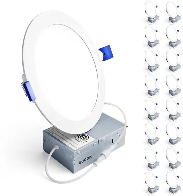Main image of 16Pack 6 Inch LED Recessed Ceiling Light, 6000K, 1200LM 12W 120V 6000K Clear White, 5%-100% Dimmable, Ultra-Thin Canless Wafer Downlight, Aluminum, Damp Rated, ETL&FCC&IC