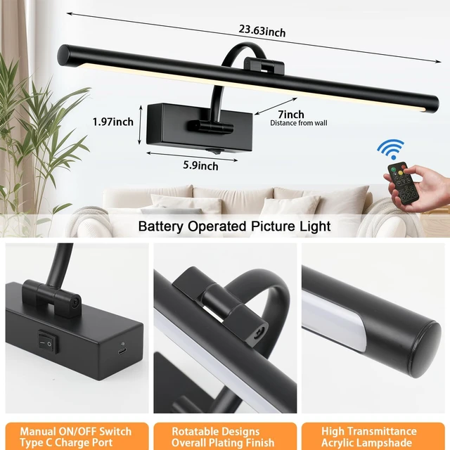 Alt view image 4 of 7 - Picture Light Battery Operated with Remote, 3CCT Dimmable Picture Light for Paintings, Black Rechargeable 24 inch Battery Operated Wall Sconce for Art Lighting Gallery Portrait Artwork