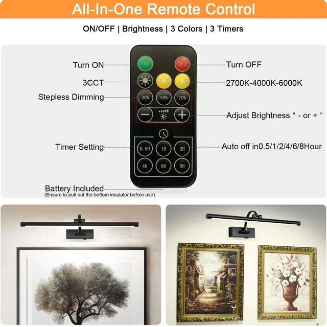 Alt view image 5 of 7 - Picture Light Battery Operated with Remote, 3CCT Dimmable Picture Light for Paintings, Black Rechargeable 24 inch Battery Operated Wall Sconce for Art Lighting Gallery Portrait Artwork