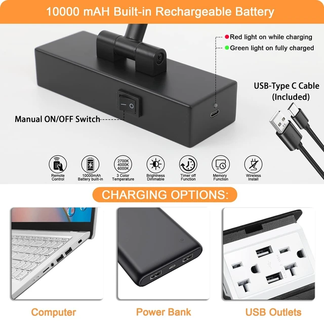 Alt view image 7 of 7 - Picture Light Battery Operated with Remote, 3CCT Dimmable Picture Light for Paintings, Black Rechargeable 24 inch Battery Operated Wall Sconce for Art Lighting Gallery Portrait Artwork