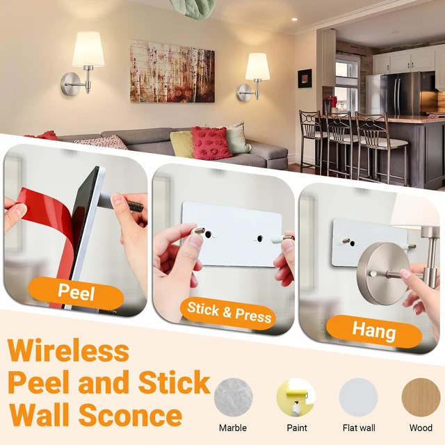 Alt view image 3 of 7 - Battery Operated Wall Sconce, Peel and Stick Sconces Set of 2 Wireless Adhesive Stick On Wall Sconce, 10000mAh Rechargeable RGB Bulb with Remote, No Drill Wall Light for Bedroom Decor