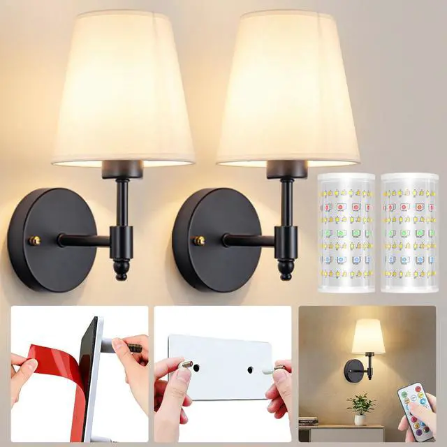 Main image of Battery Operated Wall Sconce, Peel and Stick Sconces Set of 2 Wireless Adhesive Stick On Wall Sconce, 10000mAh Rechargeable RGB Bulb with Remote, No Drill Wall Light for Bedroom Decor