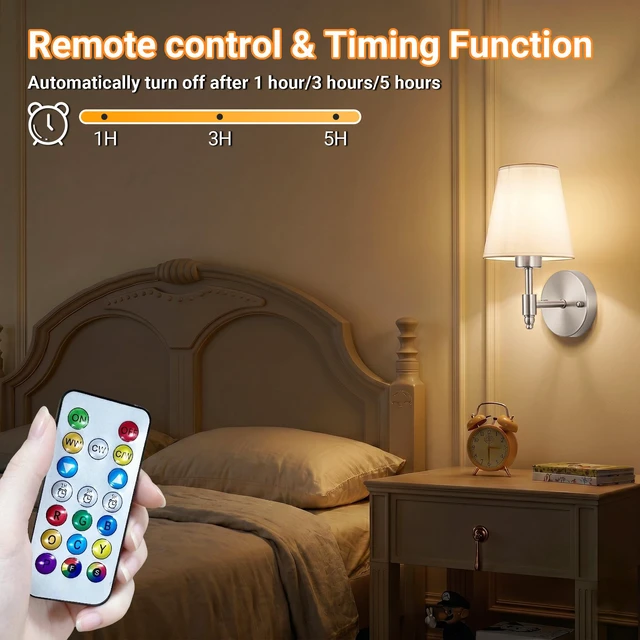 Alt view image 7 of 7 - Battery Operated Wall Sconce, Peel and Stick Sconces Set of 2 Wireless Adhesive Stick On Wall Sconce, 10000mAh Rechargeable RGB Bulb with Remote, No Drill Wall Light for Bedroom Decor