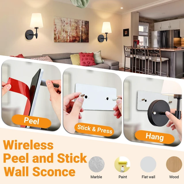 Alt view image 3 of 7 - Battery Operated Wall Sconce, Peel and Stick Sconces Set of 2 Wireless Adhesive Stick On Wall Sconce, 10000mAh Rechargeable RGB Bulb with Remote, No Drill Wall Light for Bedroom Decor