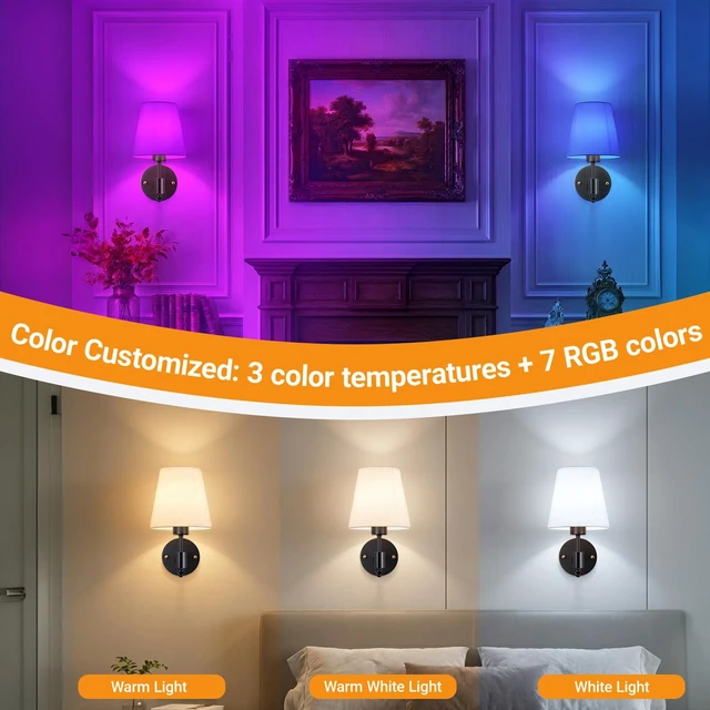 Alt view image 5 of 7 - Battery Operated Wall Sconce, Peel and Stick Sconces Set of 2 Wireless Adhesive Stick On Wall Sconce, 10000mAh Rechargeable RGB Bulb with Remote, No Drill Wall Light for Bedroom Decor