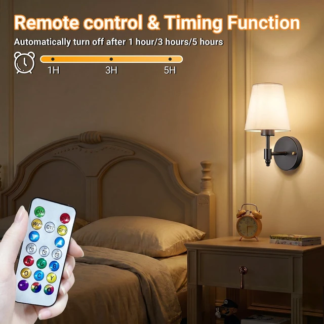 Alt view image 7 of 7 - Battery Operated Wall Sconce, Peel and Stick Sconces Set of 2 Wireless Adhesive Stick On Wall Sconce, 10000mAh Rechargeable RGB Bulb with Remote, No Drill Wall Light for Bedroom Decor