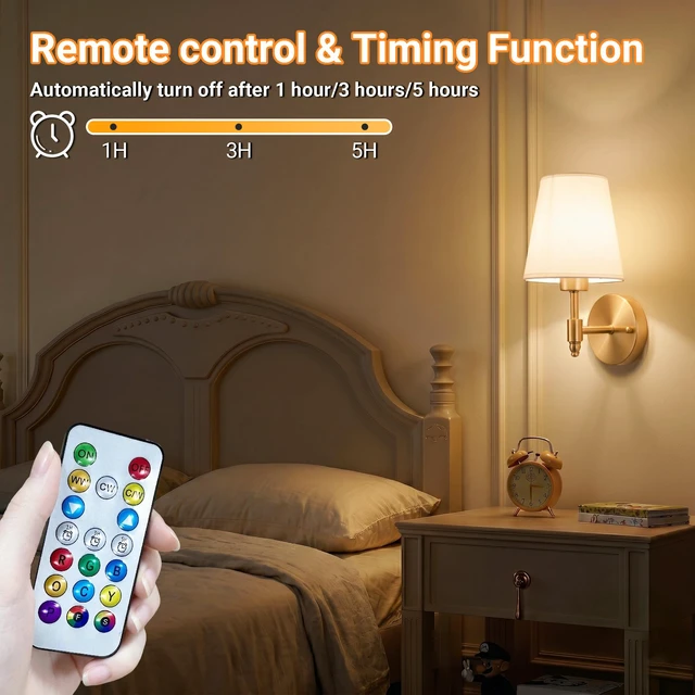 Alt view image 7 of 7 - Battery Operated Wall Sconce, Peel and Stick Sconces Set of 2 Wireless Adhesive Stick On Wall Sconce, 10000mAh Rechargeable RGB Bulb with Remote, No Drill Wall Light for Bedroom Decor