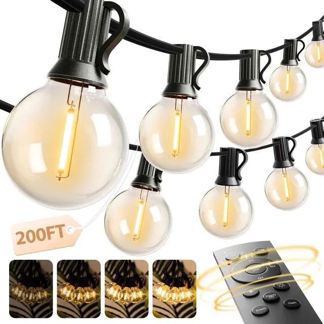 Main image of Outdoor String Lights 200FT G40 with Remote 108 LED Waterproof Bulbs Dimmable Patio Globe Lights Shatterproof, Hanging Outside Lighting for Backyard, Garden, Deck, Balcony, Porch, Café, Decor
